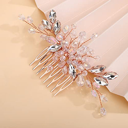 Teyglen Dainty Simple Rhinestone Wedding Hair Comb, Rose Gold - Luxurious Shiny Crystal Bridal Side Hair Pieces, Hair Accessories for Women and Girls - color: Rose Gold