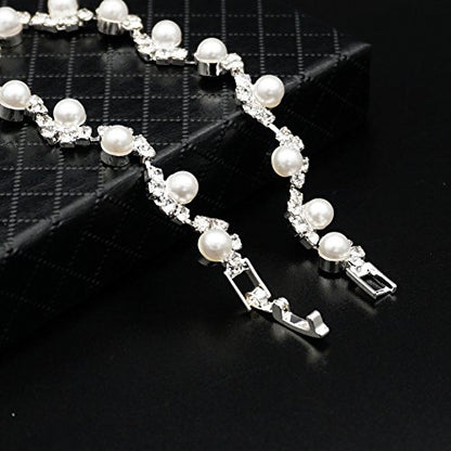 JSEA Womens 4mm Faux Pearl Wave Link Bracelet Silver Rhinestone Bracelets