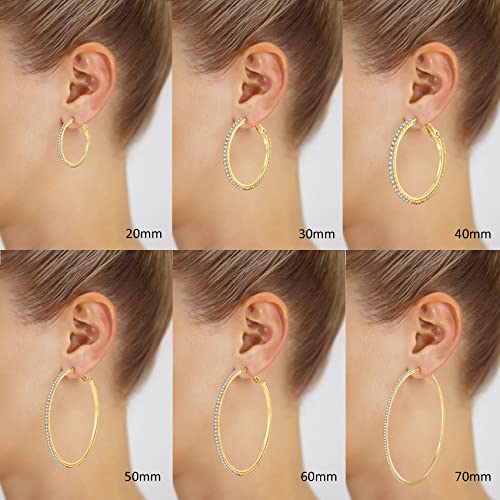 925 Sterling Silver Earrings Large Rhinestone Hoop Earrings Big Cubic Zirconia Hoop Earrings Thin Rhinestones Round Hoop Earrings for Women 20/30/40/50/60/70mm Sparkly Hoops With Crystals for Womens - color: Gold,30mm