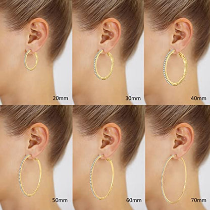 925 Sterling Silver Earrings Large Rhinestone Hoop Earrings Big Cubic Zirconia Hoop Earrings Thin Rhinestones Round Hoop Earrings for Women 20/30/40/50/60/70mm Sparkly Hoops With Crystals for Womens - color: Gold,70mm