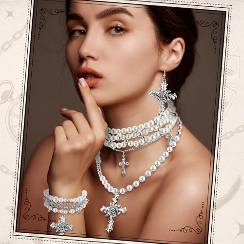 Tondiamo 3 Pcs Gothic Jewelry Set Cross Necklace for Women Goth Earrings Bracelet Layered Y2k Choker Costume Accessory - color: Silver, style: Pearl Style