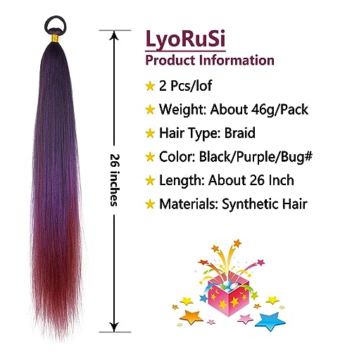 Braided Ponytail Extension with Hair Tie Purple Gradient Braid Extensions | 2 Pack Long Braided Ponytail Extension, 26 Inch Natural Soft Synthetic Hair Piece for Women Daily Wear (Black/Purple/Bug#) - color: Purple gradient#（Black/Purple/Bug）, size: 26 In