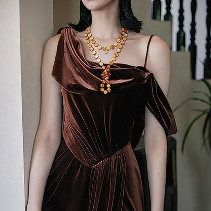 Firstmeet Flat Round Coin Shell Beads Long Knotted Necklace Natural Mother of Pearl Handmade Jewelry For Women - color: Bronze