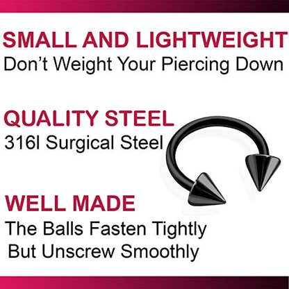8pcs 16g Horseshoe Ring Circular Barbell Cartilage Hoop Septum Nose Lip Eyebrow Spider Bite Tragus Black Spike Ear Pick Size