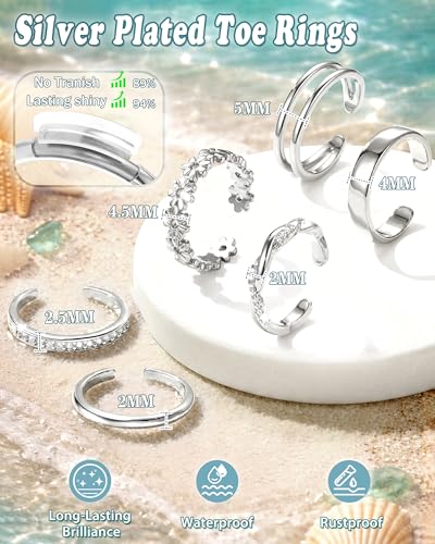 Besteel 6 PCS Toe Rings for Women - 14K Gold Filled Non Tarnish Waterproof | Adjustable Silver Toe Ring Simple Open Band Hug CZ Chunky Flower Toe Rings Set Trendy Summer Beach Foot Jewelry for Women - style: Silver: twist&flower toe ring