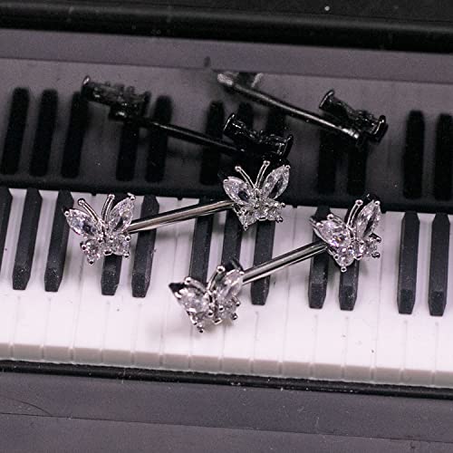 VERAMI 14G Stainless Steel Heart Nipple Rings and Barbell - Butterfly, Starlight Acrylic Ball, Tongue Rings for Women and Men - color: CZ-BUTTERFLY