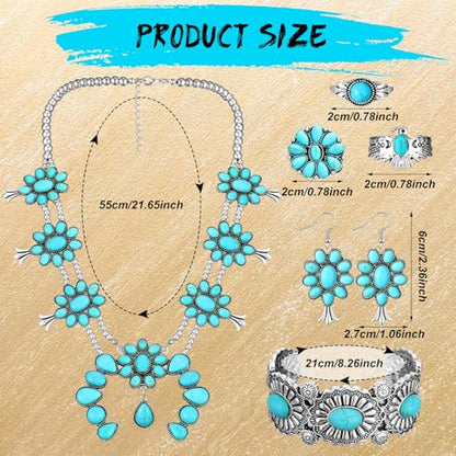 Ecally Bohemian Western Jewelry Turquoise Set Women Country Pendant Long Choker Layered Bracelets Earrings Ring for Women - color: Turquoise, style: Offbeat