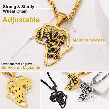 GOLDCHIC JEWELRY Africa Map Necklace for Men, Stainless Steel African Tribal/Egyptian Eye of Horus/I LOVE AFRICA/Elephant Map Hiphop Jewelry Unisex with 22'+2'Adjustable Chain - color: Elephant - Gold, style: No Customization