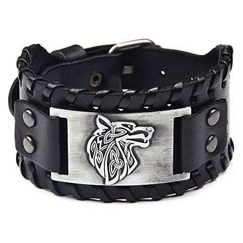 GelConnie Viking Bracelet Punk Leather Cuff Bracelet Gothic Leather Wristband Bracelet with Nordic Amulet Scandinavian Talisman Celtic Pagan Jewelry - color: Black Wolf