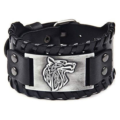 GelConnie Viking Bracelet Punk Leather Cuff Bracelet Gothic Leather Wristband Bracelet with Nordic Amulet Scandinavian Talisman Celtic Pagan Jewelry - color: Black Wolf