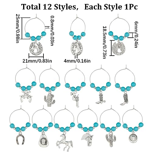 SUNNYCLUE 1 Box 12Pcs Drink Charms Bulk Wine Glass Markers Glass Markers Bulk Lucky Energy Turquoise Beads Wine Identifiers for Gathering Wedding Party Favor Drinks Decor Supplies - style: 12 Sets Silver Tone Cowboy Themed Wine Charms & Upgraded Gift Box
