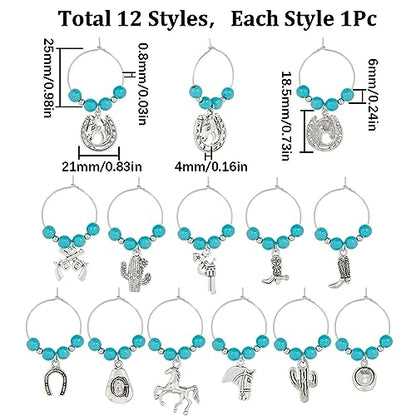 SUNNYCLUE 1 Box 12Pcs Drink Charms Bulk Wine Glass Markers Glass Markers Bulk Lucky Energy Turquoise Beads Wine Identifiers for Gathering Wedding Party Favor Drinks Decor Supplies - style: 12 Sets Silver Tone Cowboy Themed Wine Charms & Upgraded Gift Box