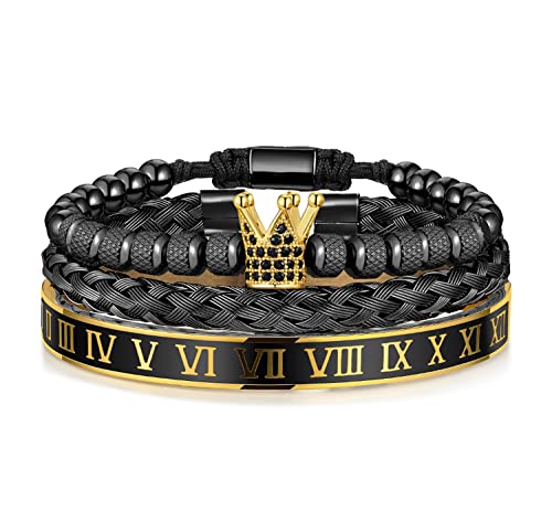 WFYOU 3PCS Stainless Steel Imperial Crown Bracelets for Men Gold Roman Numeral Bangle Bracelet Adjustable Cuff Bracelet Mens Luxury Jewelry Gifts - style: 02:Black & Gold-Roman Numeral
