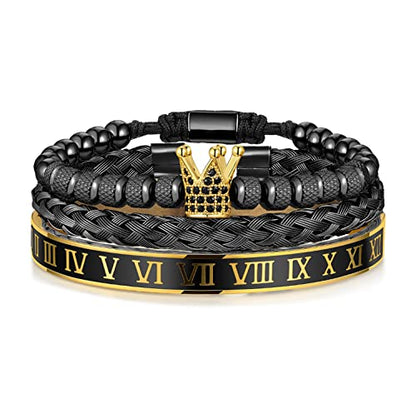 WFYOU 3PCS Stainless Steel Imperial Crown Bracelets for Men Gold Roman Numeral Bangle Bracelet Adjustable Cuff Bracelet Mens Luxury Jewelry Gifts - style: 02:Black & Gold-Roman Numeral
