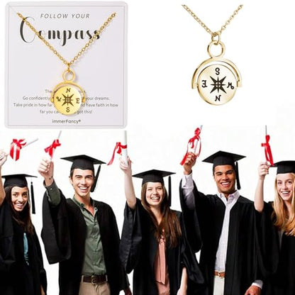 Gold Compass Charm Necklace for Women, Trendy Simple Dainty Inspirational Compass Butterfly Bow Knot Red Christmas Mug Sun Friendship Necklaces Graduation Gifts - style: Compass-B