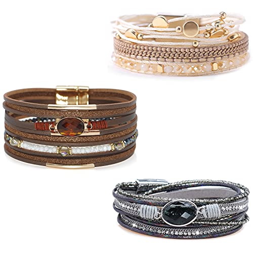 Leather Wrap Bracelet Set 3Pack Wrist Cuff Bracelet for Women Multilayer Magnetic Clasp Bracelet Feather Tree Bead Crystal Bracelet - color: Three Crystal