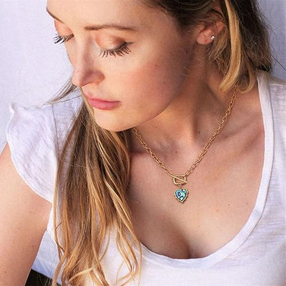 Aobei Pearl 18K Gold Plated Moon Star Lion Evil Eye Love Heart Cross Pendant Necklace Medallion Paperclip Chian Choker Layering Jewery for Women - color: Blue-green Abalone Shell
