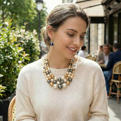 Simulated Pearl Necklace & Earring Set, Multi Strand - color: Brown + Grey Mix