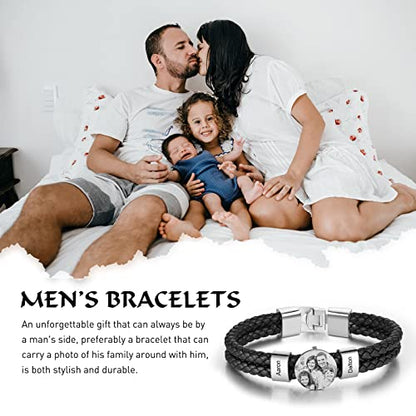 Personalized Braided Leather Bracelet with Photo Custom Name Beads Cuff Bangle Jewelry Gifts for Men Dad Husband Grandpa Fathers Day - color: 2 Names