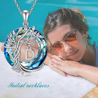 TOUPOP Gifts for Women Tree of Life Initial Necklace 925 Sterling Silver Letter Pendant with Blue Crystal Birthday Jewelry Gifts for Women Her Mom Wife Daughter - color: Tree of Life D Initial