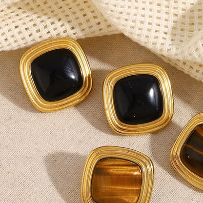 RAUCHBE Big Chunky Gold Earrings for Women Vintage Black Oval Earring Onyx Statement Earrings Trendy Jewelry - style: H