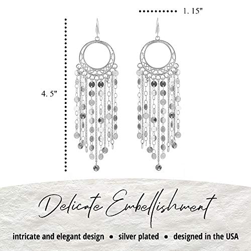 Bohemian Boho Tassel Dangle Drop Earrings for Women – Lightweight Filigree Gypsy Coin Chandelier Disc Charm Hoops – included Gift Box - style: Round - Silver