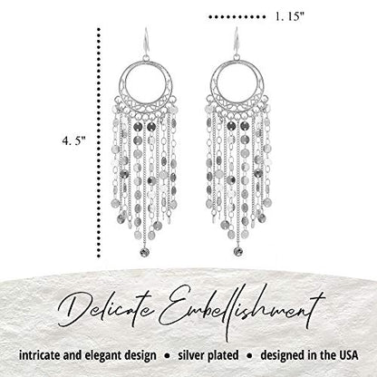 Bohemian Boho Tassel Dangle Drop Earrings for Women – Lightweight Filigree Gypsy Coin Chandelier Disc Charm Hoops – included Gift Box - style: Round - Silver