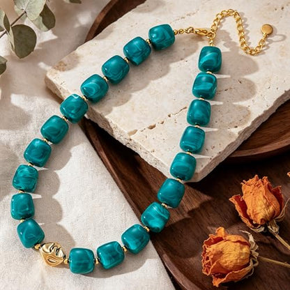 Beaded Necklaces for Women Boho Chunky Necklace Statement Big Resin Bead Choker Fashion Summer Beach Jewelry - color: Teal Blue
