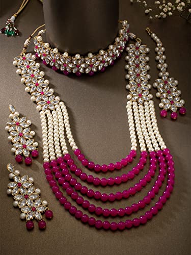 Aheli Wedding Party Wear Bridal Jewellery Choker Long Pearl Necklace Earrings Maang Tikka Indian Traditional Set Gift for Women - color: Rani Pink 1