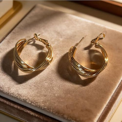 Earrings for Women, Saguine Chunky 14K Gold Plated Hoop Earrings Trendy | Chunky Earring, Big Large U-Shape Drop Twist Dangle Statement Stud Hoops Earrings, Jewelry for Women Gifts - style: Large