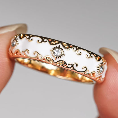 Exquisite Elegant Inlay Zirconia Enamel Golden Wide Rings for Women Daily Wedding Banquet Luxury Jewelry (No Boxes) - color: golden, size: 6