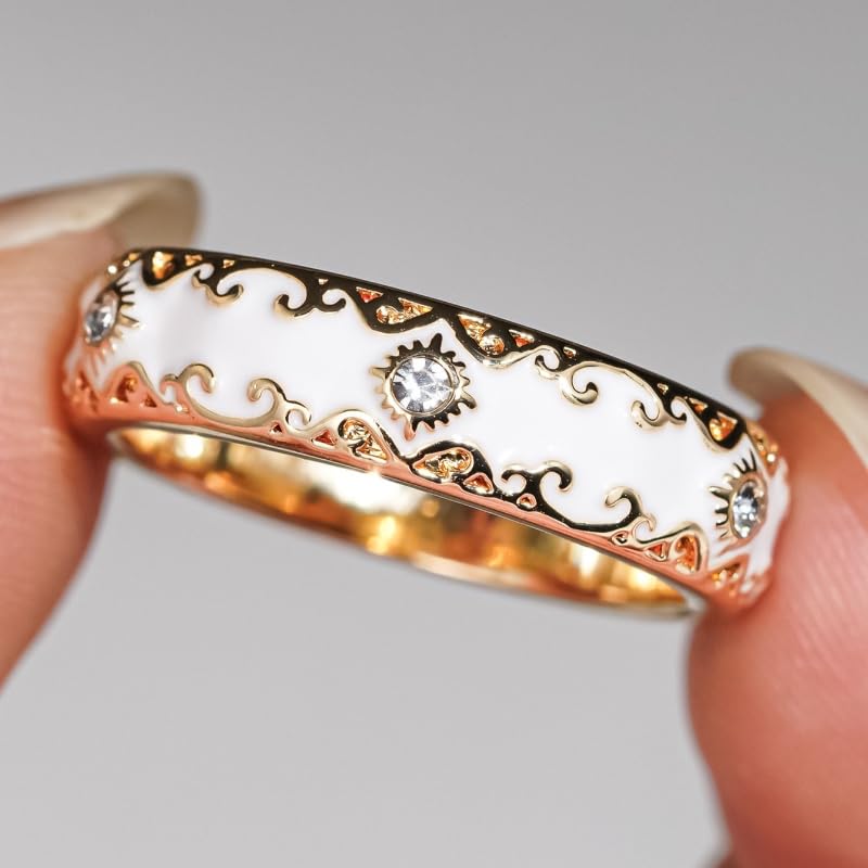 Exquisite Elegant Inlay Zirconia Enamel Golden Wide Rings for Women Daily Wedding Banquet Luxury Jewelry (No Boxes) - color: golden, size: 10