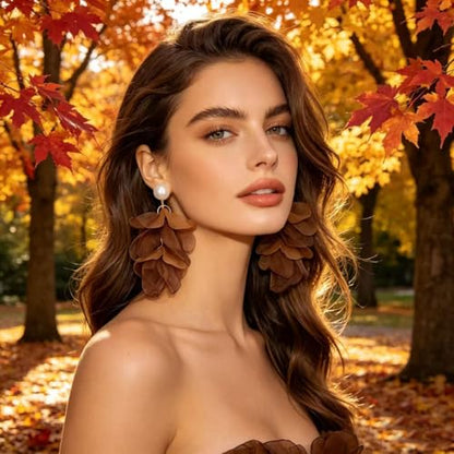 Handmade Bohemian Lightweight Fabric Flower Dangle Drop Earrings Chic Pearl Large Tassel Petal Stud Earrings For Women - color: Brown