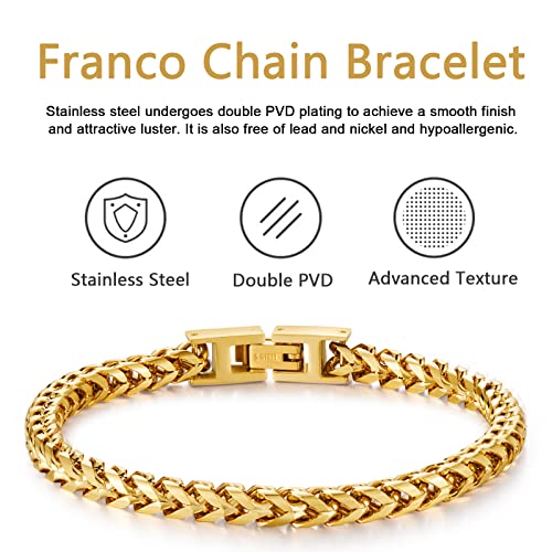 Mens Bracelet - Stainless Steel Fold Over Clasp Franco Chain Bracelets for Men - color: G-Gold
