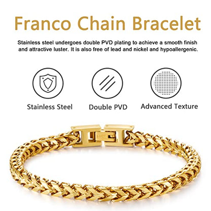 Mens Bracelet - Stainless Steel Fold Over Clasp Franco Chain Bracelets for Men - color: G-Gold