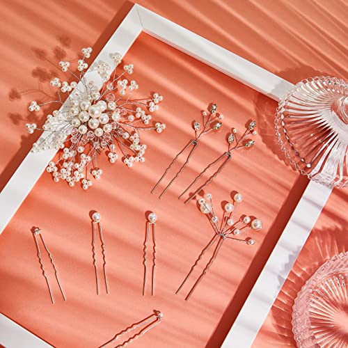 Maitys 44 Pieces Wedding Hair Accessories Faux Pearl Crystal Comb Clips U-shaped Flower Rhinestone Silver Pearl Hair Pieces for Prom Bride Bridesmaid(Delicate Style) - style: Delicate Style