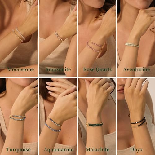 Kainier Gold Beaded Bracelets for Women 2Pairs 14K Gold Plated Stretch Bracelet Set Stackable Tarnish Dainty Natural Stone Bead Bracelets Gift - color: Onyx