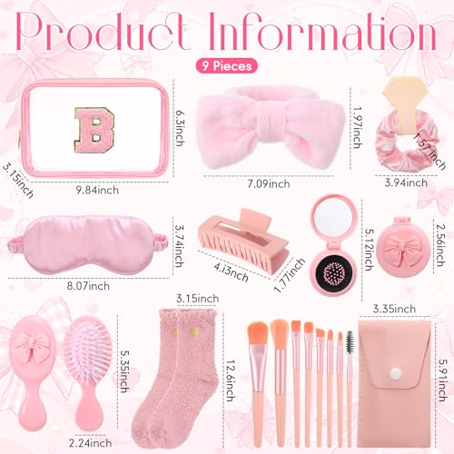 9 Pcs Bow Gift for Woman Set with Hair Headband Scrunchie Sleep Eye Mask Hair Claw Bow Comb with Mirror Monogram Cosmetic Bag Socks for Bachelorette Party Spa Sleepover Birthday Gifts (B) - style: B