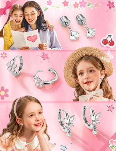 ORAZIO Hypoallergenic Earrings for Girls Women Kids Surgical Stainless Steel Screw Back Bow Heart Flower Stud Hoop Toddler Kids Earrings for Girls Sensitive Ears Over 4 Years Old - color: 9Pairs-silver girls earrings