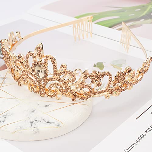 COCIDE Gold Tiara Crowns Crystal Headband Princess Rhinestone Crown with Combs Bride Headbands Bridal Wedding Prom Birthday Party Hair Accessories Jewelry for Women and Girls (M CHAMPAGNE) - color: TK Gold+Champagne