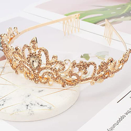 COCIDE Gold Tiara Crowns Crystal Headband Princess Rhinestone Crown with Combs Bride Headbands Bridal Wedding Prom Birthday Party Hair Accessories Jewelry for Women and Girls (M CHAMPAGNE) - color: TK Gold+Champagne