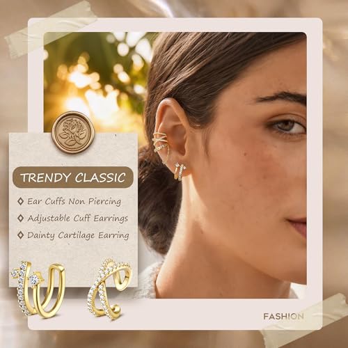 Florideco 4 PCS Ear Cuffs Non Piercing Hypoallergenic 14K Gold Plated Ear Cuff Earrings for Women Trendy CZ Clip On Cartilage Earring Set Dainty Adjustable Fake Piercings Earrings - color: Cross CZ: 14K Gold Plated