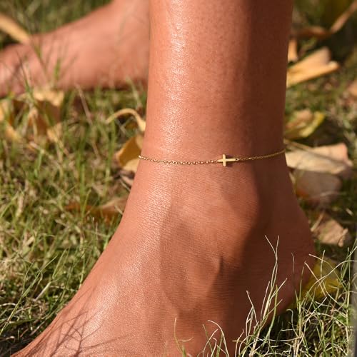 Ankle Bracelets for Women 14K Gold Sterling Silver Plated Anklets for Women Waterproof Dainty Anklets with Cubic Zirconia,Clover, Forever Love Knot, Chains Trendy Everyday Anklet Beach Summer Jewelry Gift - color: Cute Cross-Gold
