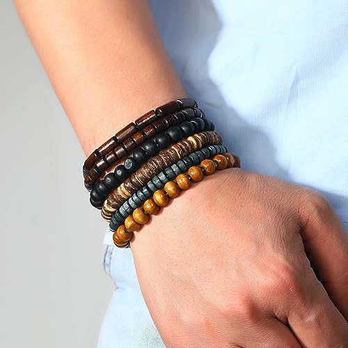 5pcs Wooden Bead Bracelet Set with Charm and Tassel for Men & Women - Stackable Boho Bracelets, Amber Color Scheme Adjustable Bracelet - color: Brown Gray