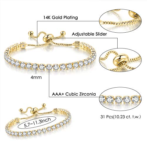 3 Pcs Tennis Bracelets for Women 14K Gold Plated 4mm 5A+ Cubic Zirconia CZ Diamond Classic Adjustable Slider Bracelet Fashion Jewelry Wedding Gift Size 6.5-7.5 Inch - color: Yllow Gold