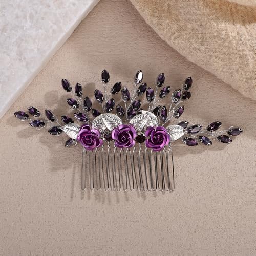Silver Rose Flower Hair Comb with Purple Crystal for Wedding Women Bridal Hair Accessories for Prom Speical Occasion (Purple) - color: Purple