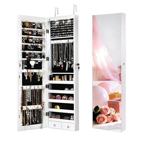 NAFORT 2 LEDs Mirror Jewelry Armoire, 47.5" H Door or Wall Mounted Jewelry Cabinet with Frameless Mirror, Lockable Jewelry Storage Box, Hanging Jewelry Organizer with 2 Drawers, White - color: White