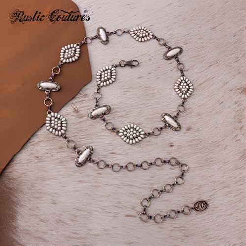 Montana West Rustic Couture's Turquoise Western Concho Chain Belt for Women | Large Western Cowgirl Metal Adjustable Boho Body Chain Belt for Dresses Jeans Country Concert - color: Alabaster Glow White