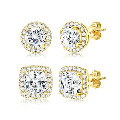 18K Gold Plated Halo Stud Earrings 925 Sterling Silver Cubic Zirconia Stud Earrings Round Square Diamonique Stud Earrings Set for Women Men - color: Gold
