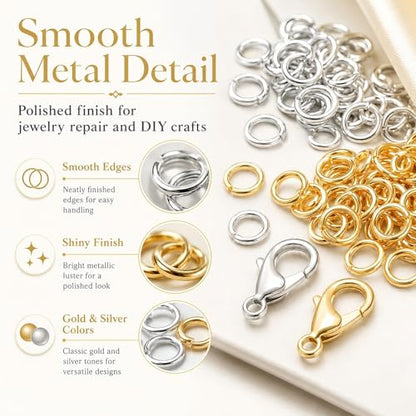 1200 Pcs Jump Rings for Jewelry Making, Jewelry Repair Kit with Lobster Claw Clasps, Pliers, Tweezers & Ring Opener, Gold and Silver Open Jump Rings for Necklace, Bracelet, Earrings, Keychains